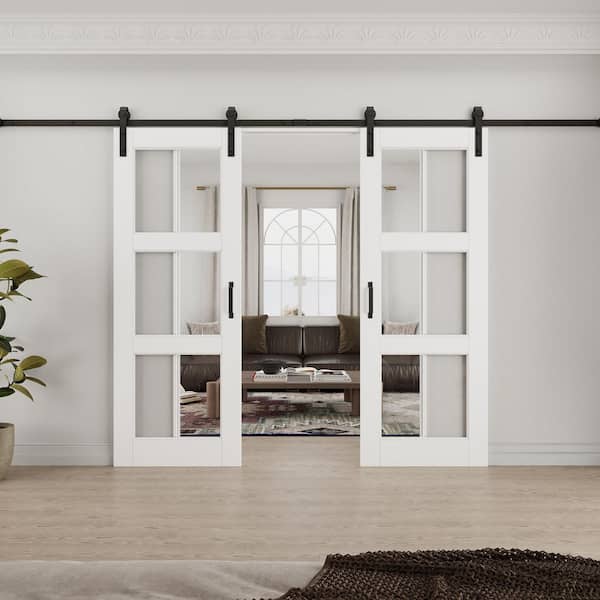 64 in. x 80 in. 3-Lite Tempered Clear Glass White Primed Solid Core MDF Sliding Barn Door with Hardware Kit