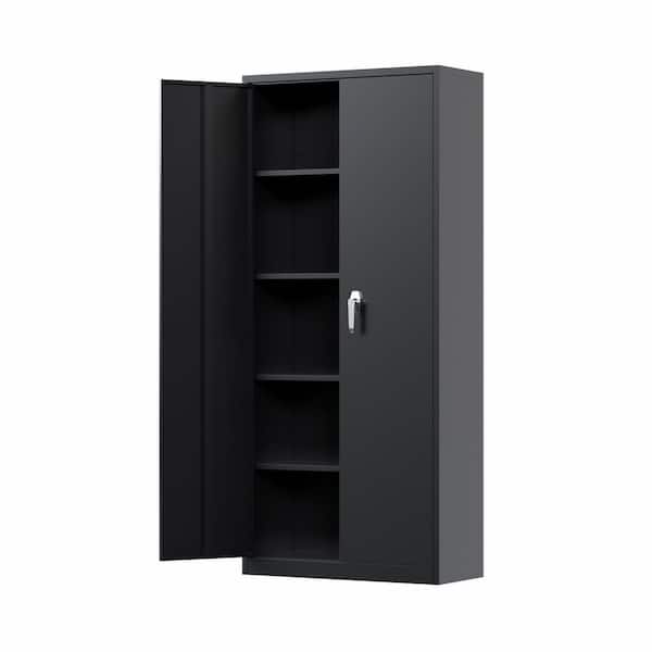 Hephastu 31.5 in. W x 70.9 in. H x 15.75 in. D Metal Storage Cabinet in Black, Steel Garage Cabinets with Single Handle