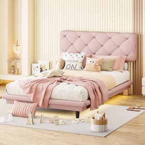 Pink Wood Frame Twin Size Linen Upholstered Platform Bed with LED Light Stripe, Stylish Tufted Headboard