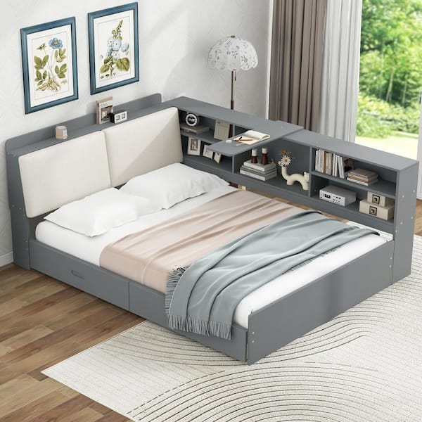 Gray Wood Frame Full Size Platform Bed with Upholstery Headboard and 2-Drawers