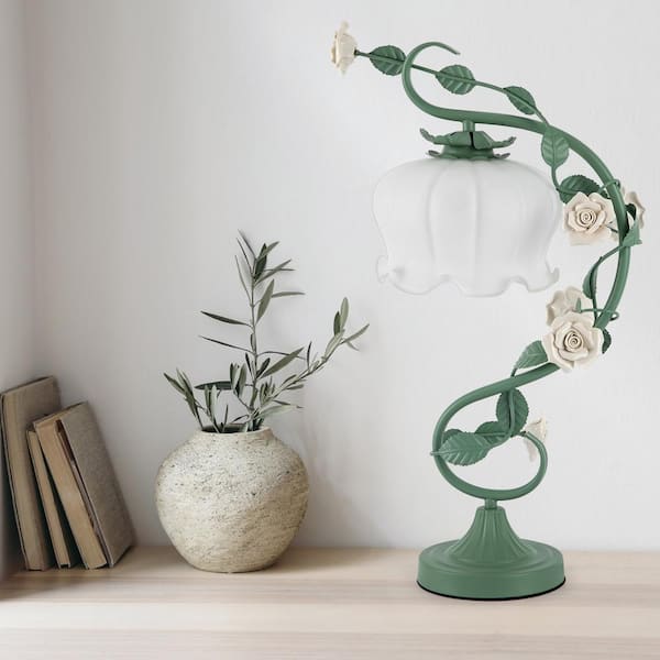OUKANING 20.5 in. Green Retro Rose Glass Gooseneck Desk Lamp OUKANING 20.5 in. Green Retro Rose Glass Gooseneck Desk Lamp