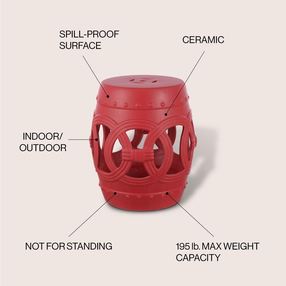 Matte Red 16" Ceramic Drum Garden Stool with Lucky Coin Symbols