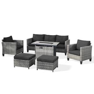 New Vultros Gray 6-Piece Wicker Patio Fire Pit Conversation Seating Set with Black Cushions