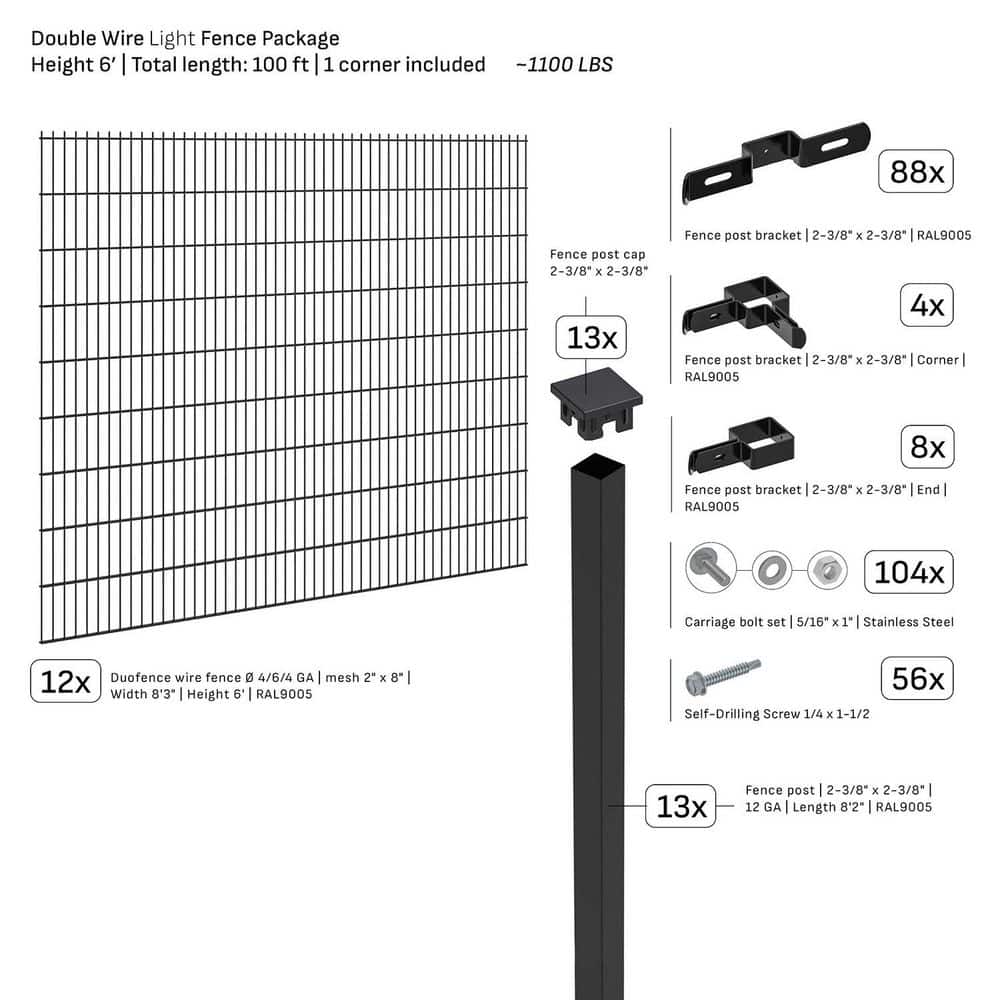 Double-Wire Light 100 ft. x 6 ft. Steel Flat Top Spaced Black Fence Panel Package price history on PriceWatchPro