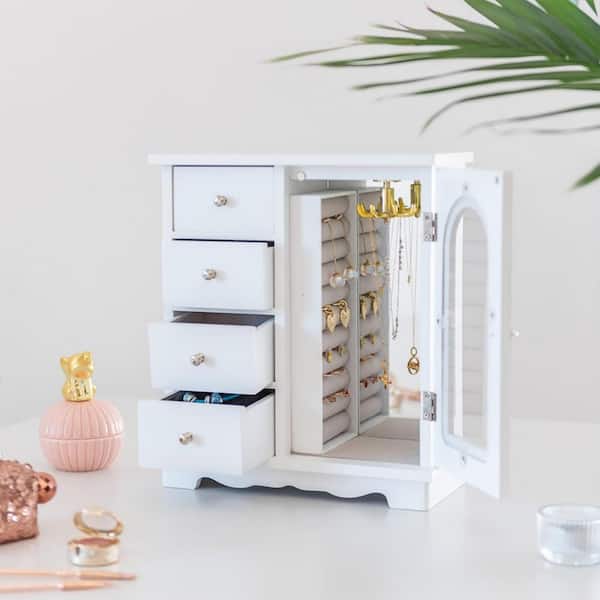 White Rectangular Wood Jewelry Box with 4 Drawers and Swing Door
