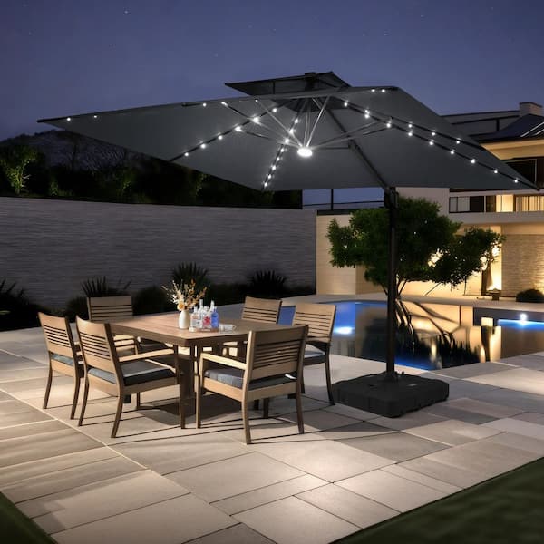 11.5 ft. 2-Tier Metal Square 360° Rotation Outdoor Cantilever Patio Umbrella with Base with LED Lights in Gray