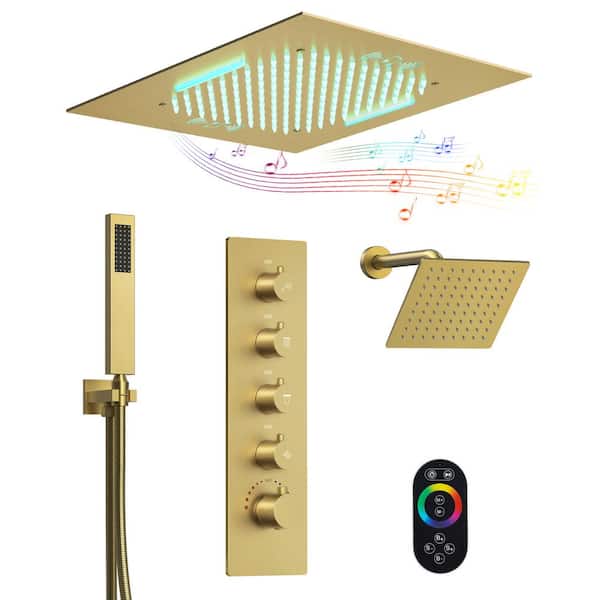 15-Spray 20 in. and 10 in. Ceiling Mount LED Mood Lighting Music Dual Shower Head and Handheld Shower in Brushed Gold