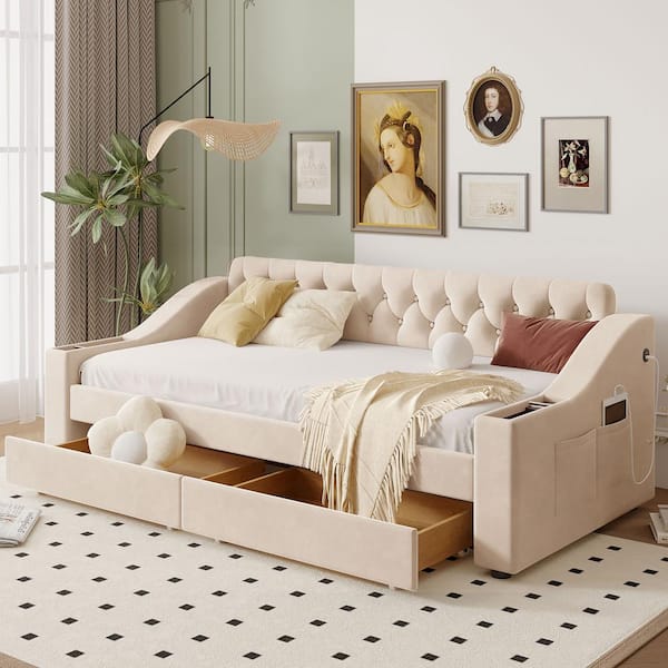 Harper & Bright Designs Button-Tufted Beige Wood Twin Size Velvet Upholstered Daybed with Storage Arms, USB Ports and Side Storage Pockets