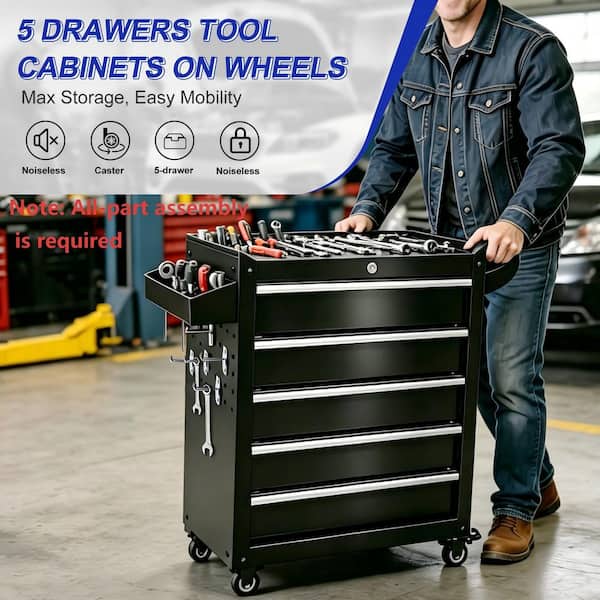 Black 31.5 in. H 5-Drawer Tool Storage Cabinet on Wheels for Garages, Warehouses, Repair Shops (Full Assembly Required)