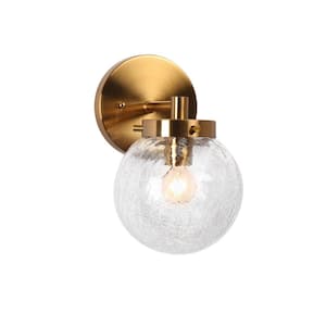 Modern 5.1 in. 1-Light Plated Brass Wall Sconce with Cracked Globe Glass Shade, Powder Room Vanity Light Fixture