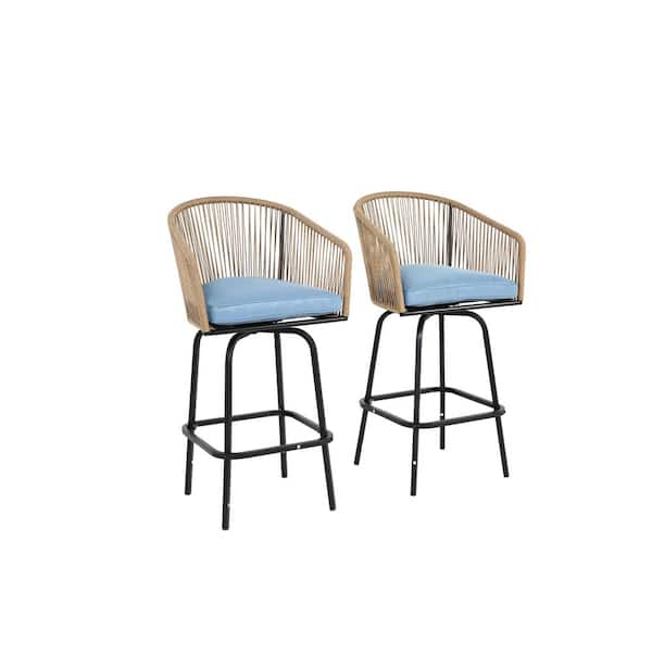 2-Piece All Weather Wicker Outdoor Serving Bar Set in Blue with Cushions, Armrests and Backrest