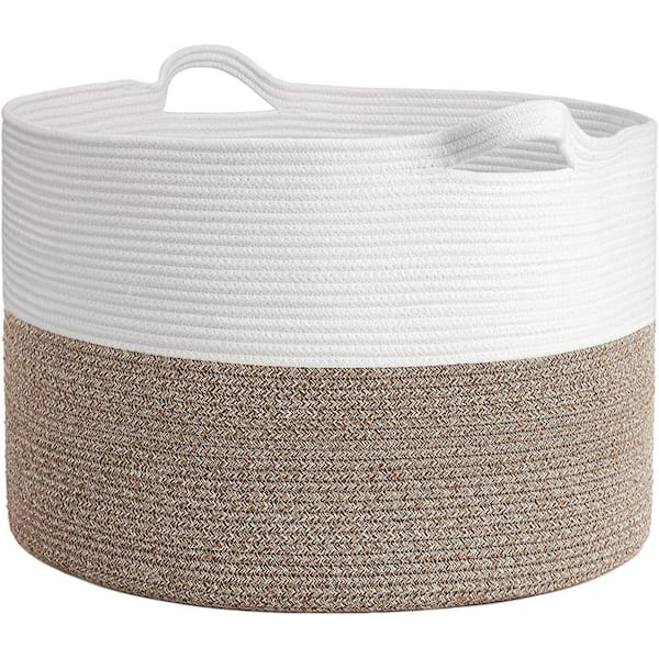 Cubilan 22 in. x 14 in. Brown and White Woven Storage Basket Bin