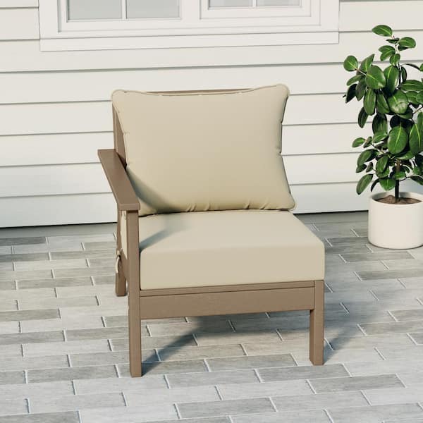 Birchwood Outdoor Patio Deep Seating Left Facing Arm HDPE Lounge Chair in Weathered Wood with Beige Cushions