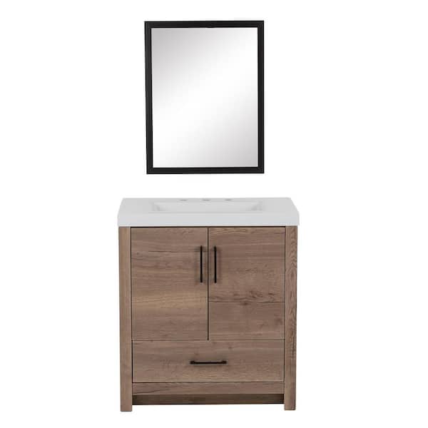 Home Decorators Collection Radien 30.50 in. W x 18.7 in. D x 34.14 in. H Single Sink Bath Vanity in Halifax Oak with White Top and Mirror