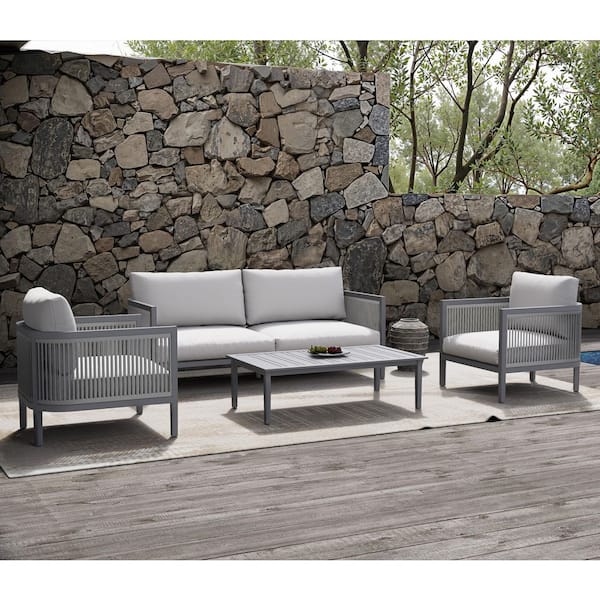 4-Piece Gray Aluminum Outdoor Patio Conversation Furniture Set with White Cushions, Weather and Rust Resistant, Seats 5