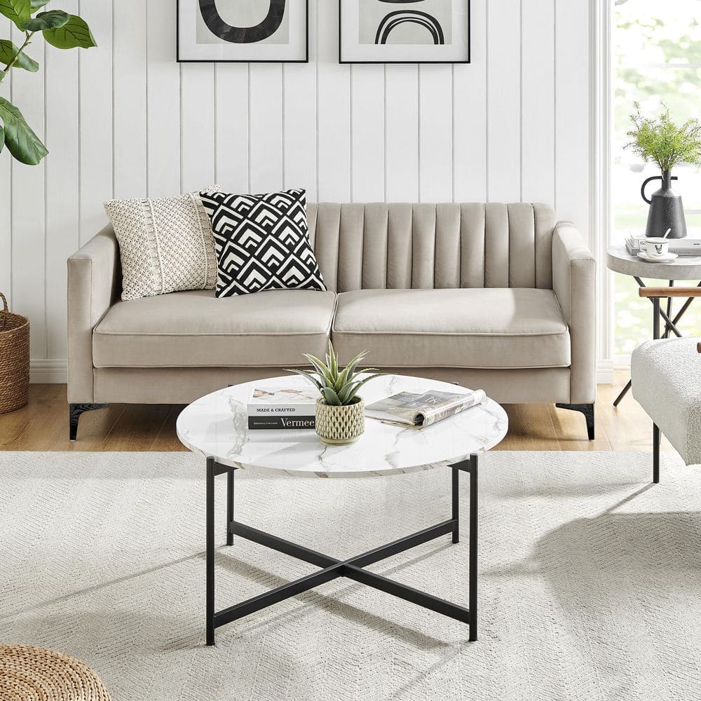 35" Round White Marble Finish Coffee Table with Black Metal Frame
