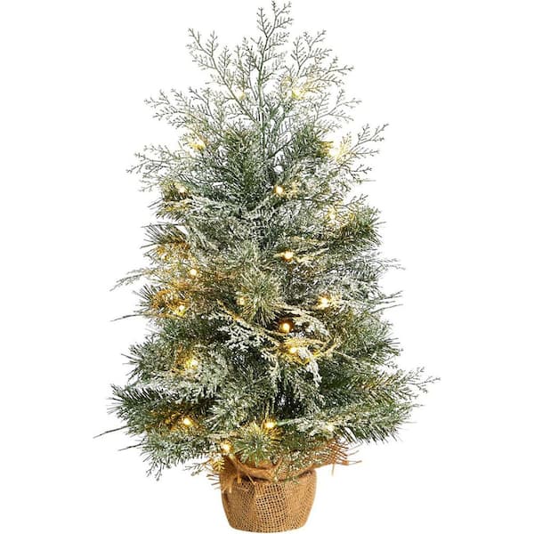 2 ft. PreLit Full Classic Pine Artificial Christmas Tree with 35 Warm Clear lights with Burlap, Decorative X-Mas Tree