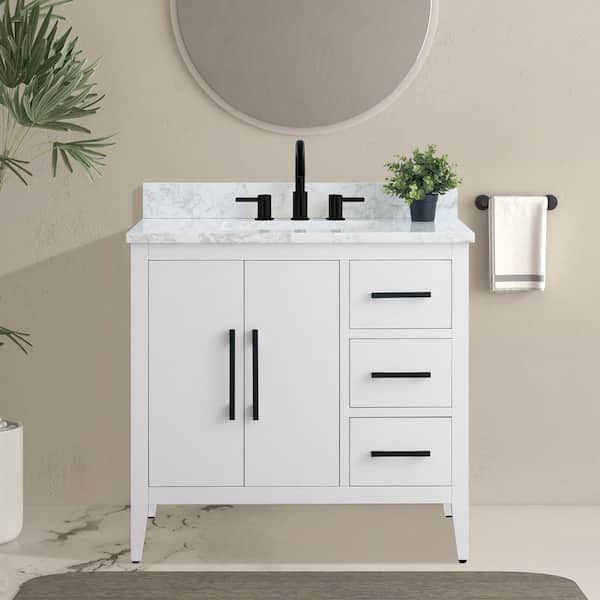 36 in. W x 22 in. D x 34 in. H Single Sink Bathroom Vanity Cabinet in White with Engineered Marble Top in White