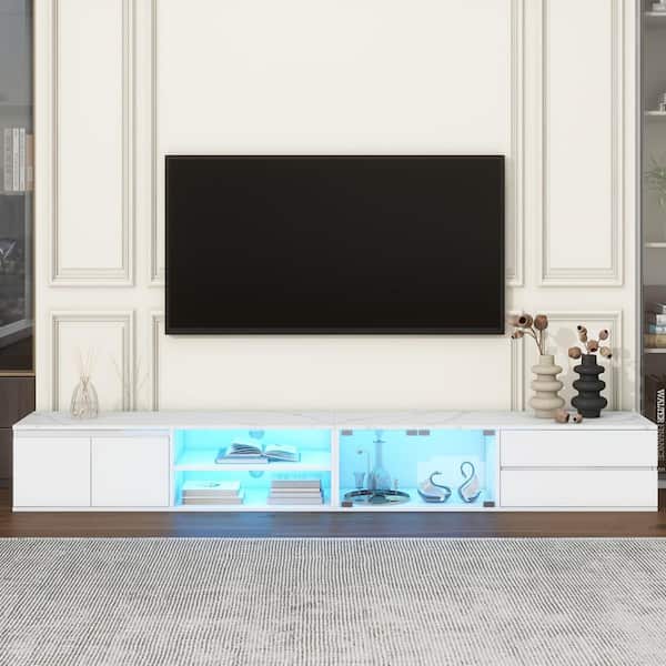 White Faux Marble TV Stand Entertainment Center Fits TVs Up to 105 in. with APP Controlled LED and Glass Doors