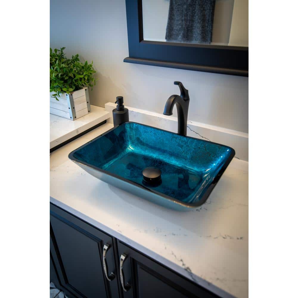 Turquoise Blue Rectangular Tempered Glass Vessel Sink