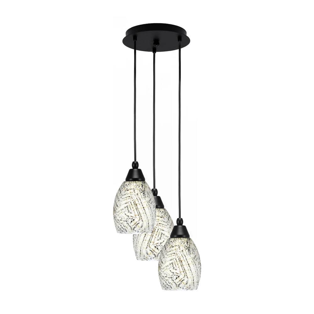 Savannah 10 in. 3-Light Matte Black Cord Pendant Light Natural Fusion Glass
