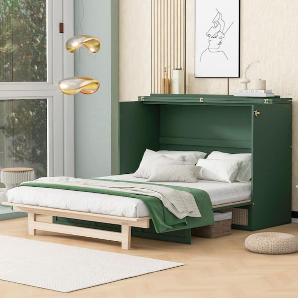 Harper & Bright Designs Green Wood Frame Queen Size Murphy Bed with Large Drawer, Rattan Decoration