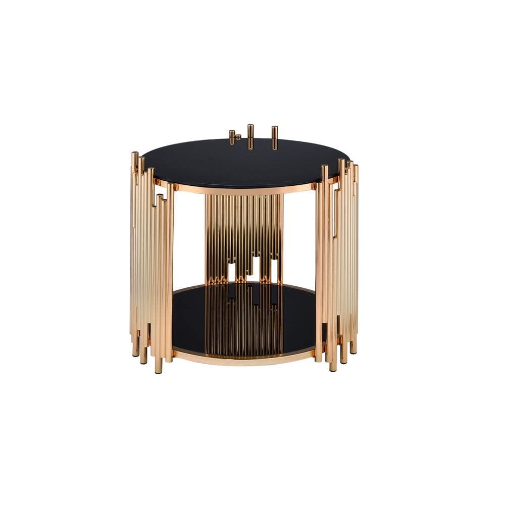 Tanquin 25" Round Black Glass & Gold Metal End Table