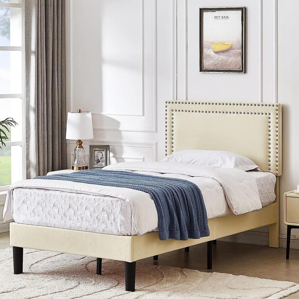 VECELO Upholstered Bed with Adjustable Headboard, No Box Spring Needed  Platform Bed Frame, Bed Frame Beige Twin Bed KHD-CY-TB05-BGE - The Home  Depot