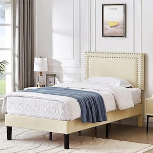Upholstered Bed with Adjustable Headboard, No Box Spring Needed Platform Bed Frame, Bed Frame Beige Twin Bed