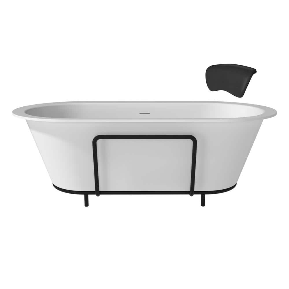 Matte White 67" Freestanding Soaking Bathtub with Black Pillow