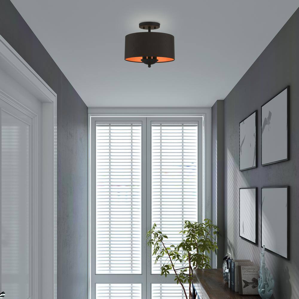 Bradley 12" Black Glass Drum Semi-Flush Mount with Silky Inner Shade