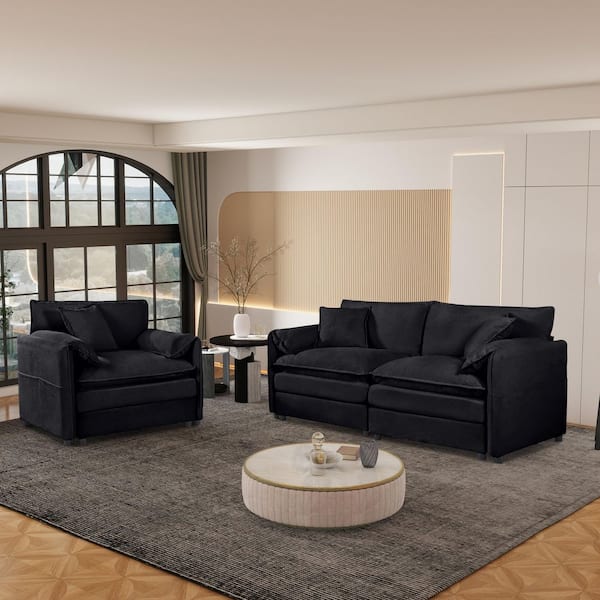 Bianca Modern 3-Piece Black Upholstered Chenille Living Room Set Loveseat and Armchair Set with 3 Pillows