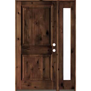 50 in. x 80 in. knotty alder Left-Hand/Inswing Clear Glass Red Mahogany Stain Square Top Wood Prehung Front Door w/RFSL
