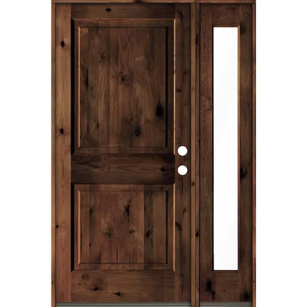 Krosswood Doors 50 in. x 80 in. knotty alder Left-Hand/Inswing Clear Glass Red Mahogany Stain Square Top Wood Prehung Front Door w/RFSL