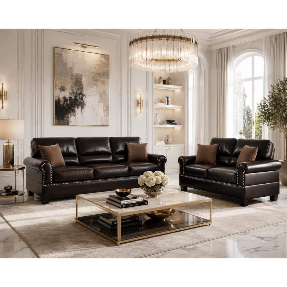 Benjara 82 in. Round Arm Faux Leather Rectangle Sofa and Loveseat