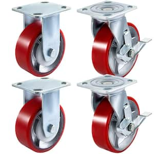 Caster Wheels 4 Pack 6 x 2 in. 2 Rigid and 2 Swivel Casters with Side Brake Iron Core Plate 1000 lbs. Capacity Per Wheel