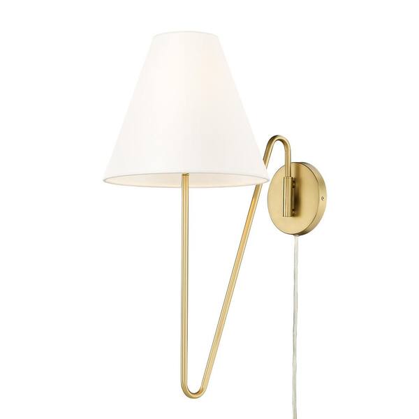 Golden Lighting - Kennedy 1-Light Brushed Champagne Bronze Hardwired/Plug-In Swing Arm Wall Lamp with Ivory Linen Shade