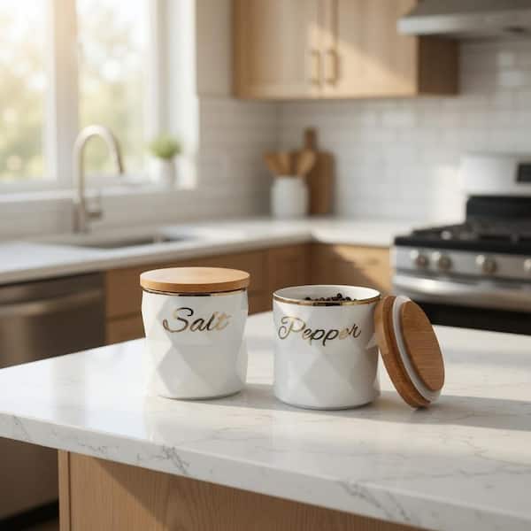 White Ceramic Salt and Pepper Canister (Set of 2) with Bamboo Lid Diamond Design Gold Edge Decor Canisters