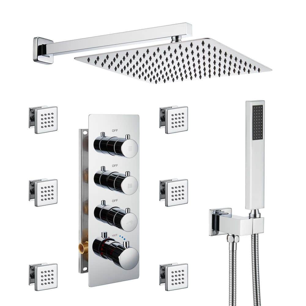 12 Inch Chrome LED Wall Mounted Rain Shower System with Handheld and Body Jets