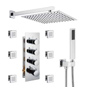 Luxury 3-Spray Patterns Thermostatic 12 in. Wall Mount Rainfall Dual Shower Heads with 6-Body Spray in Chrome