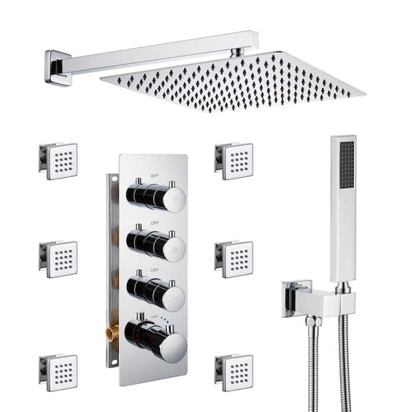 Mondawe Luxury 3-Spray Patterns Thermostatic 12 in. Wall Mount Rainfall Dual Shower Heads with 6-Body Spray in Chrome