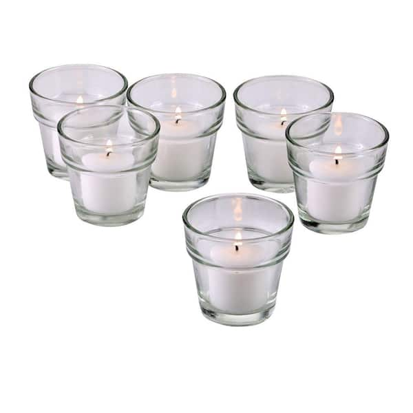 Light In The Dark Clear Glass Flower Pot Votive Candle Holders with White Votive Candles (Set of 72)