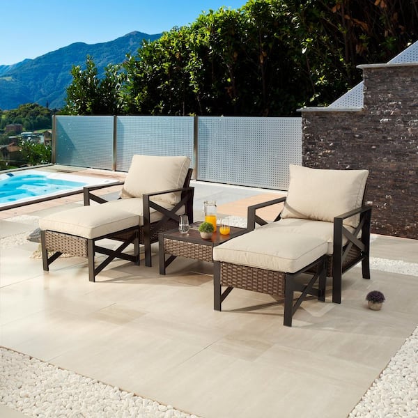 Patio Festival X-Arm 5-Piece Wicker Conversation Set with Beige Cushions