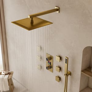 3-Spray 12 in. Wall Mount Dual Fixed and Handheld Shower Head and LCD Display in Brushed Gold(Valve Included)