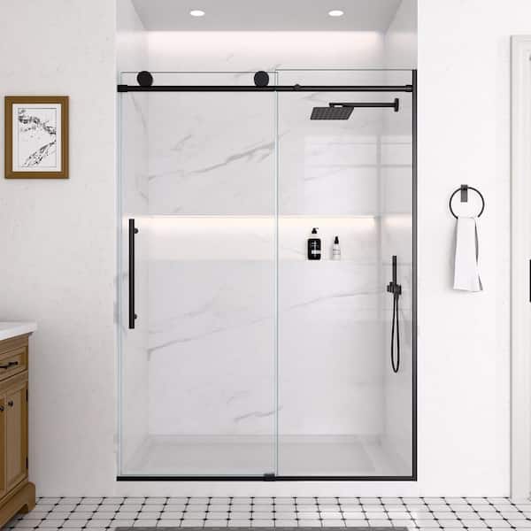 SHAAMA 46 to 48 in. W x 74 in. H Soft-Close Single Sliding Frameless Shower Door in Plated Matte Black with 1/4 in. Clear Glass
