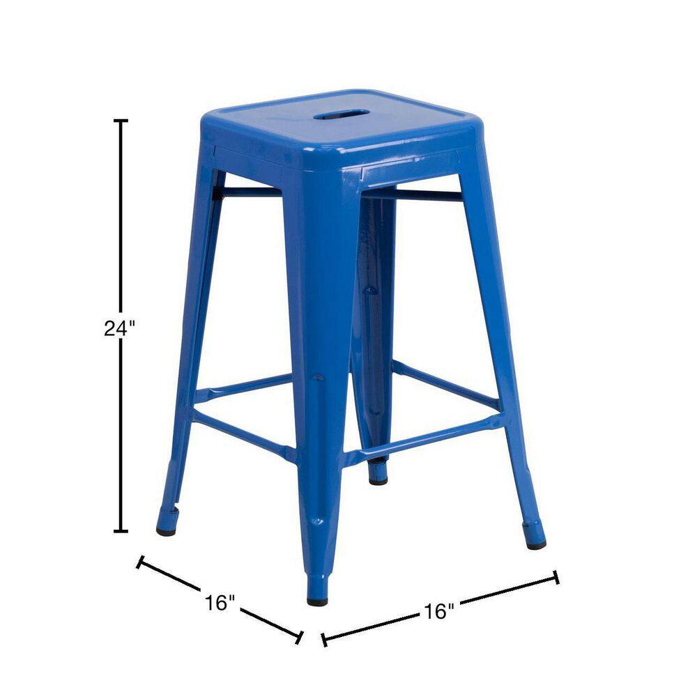 24" Blue Metal Backless Stackable Counter Stool
