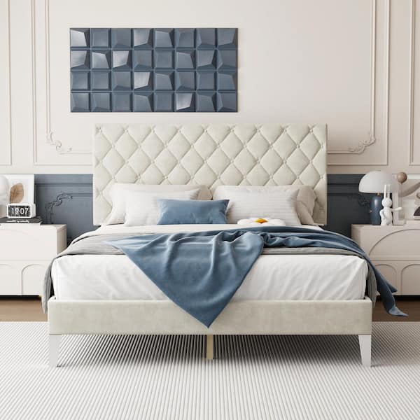 Beige Wood Frame Queen Size Platform Bed with Tufted Headboard, USB Ports and Silent Slats, Polyester Upholstery