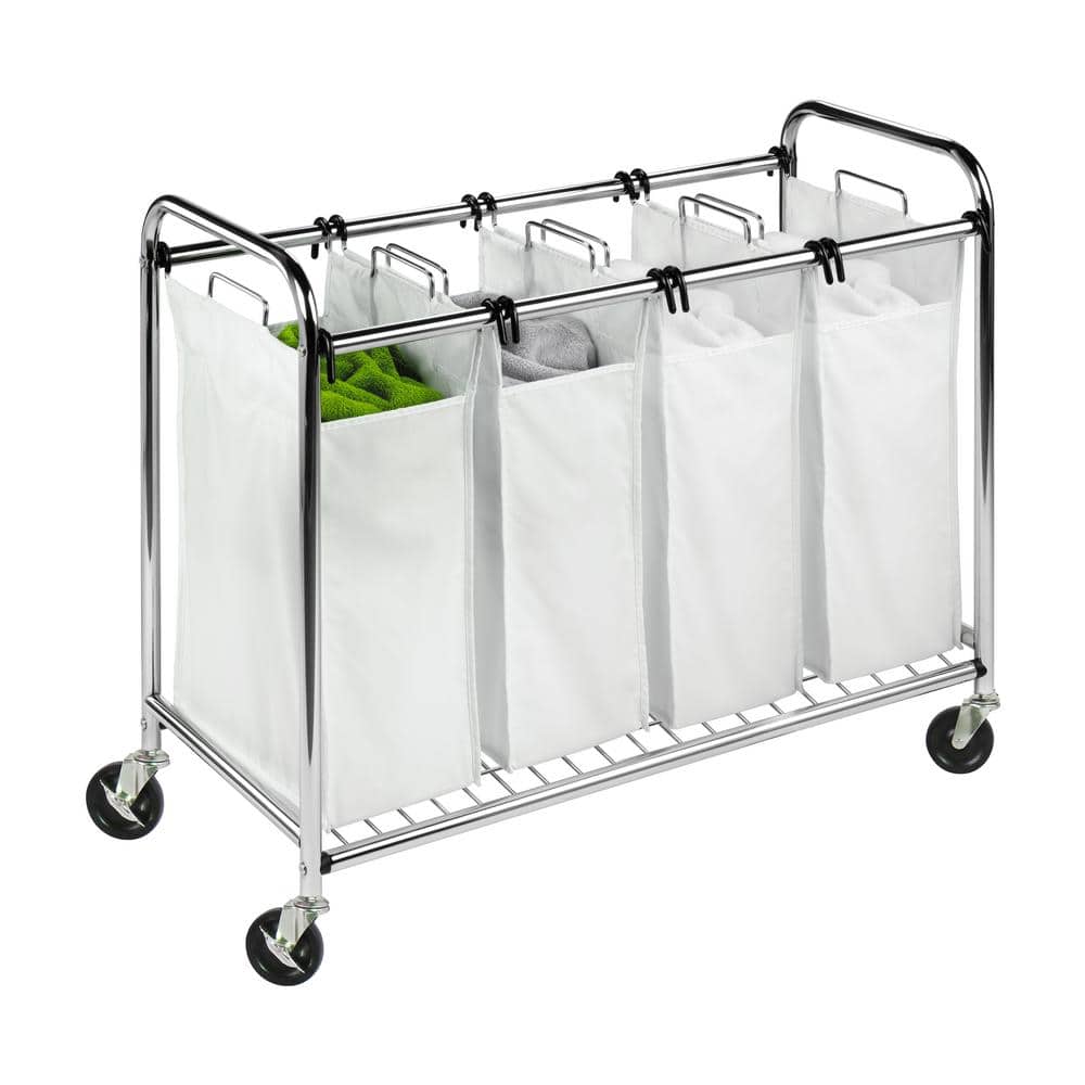 Chrome Quad Laundry Sorter with White Bags and Wheels