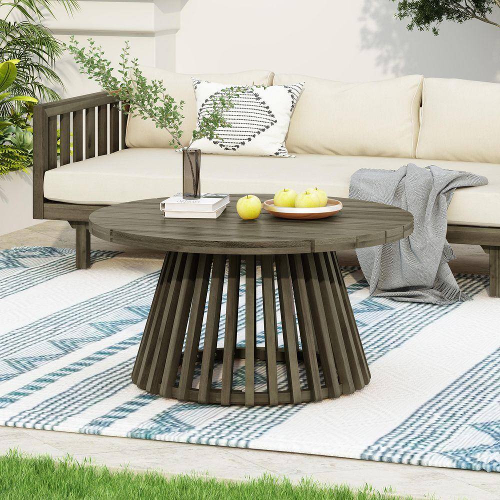 Grey Round Acacia Wood Patio Outdoor Coffee Table for Backyard, Lawn, Balcony