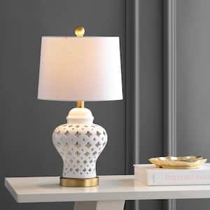 Quatrefoil Fretwork 20.5 in. Pierced Ginger Jar Ceramic/Metal LED Table Lamp, White/Brass Gold